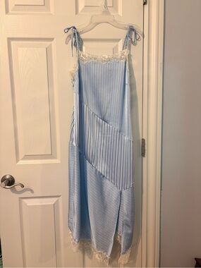 Future Collective Asymmetrical Blue Striped Slip Dress with Lace Detail